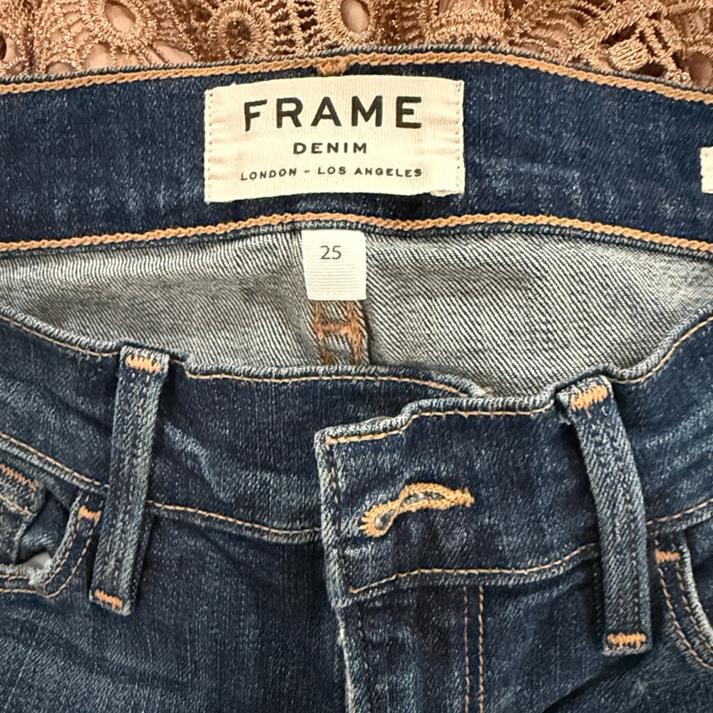 Frame Denim Dark Blue High-Rise Jeans with Tan Stitching